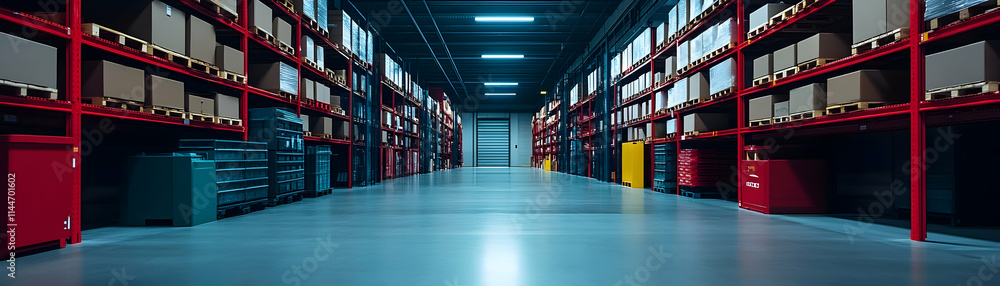 Poster vast warehouse inventory, rows of products stored efficiently on red shelving, optimizing space and 