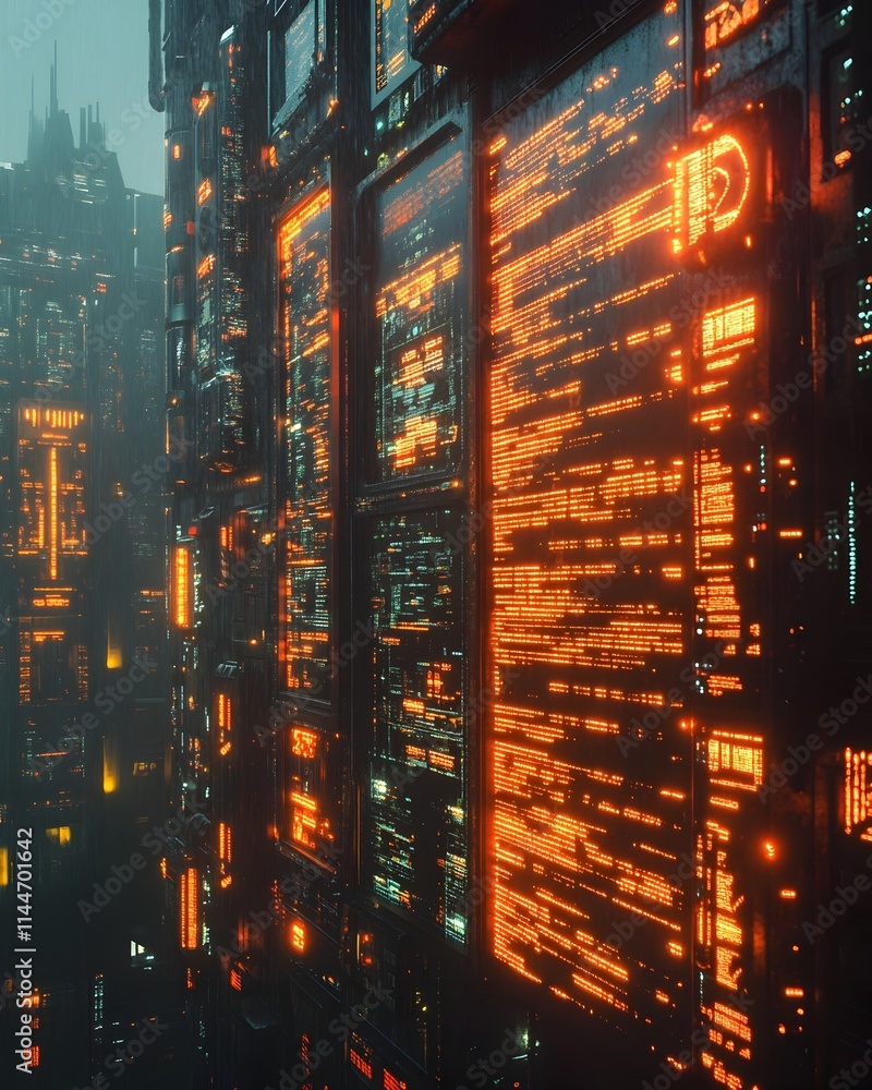 Poster cyberpunk inspired digital environment featuring neon lit user interfaces cascading lines of code an