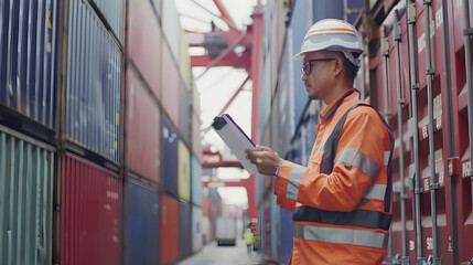 Worker in Safety Gear Inspecting Shipping Containers at Dock