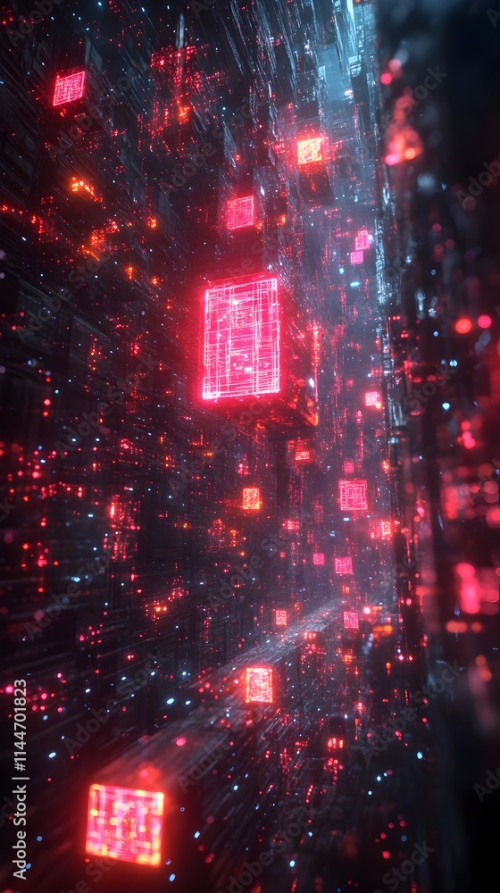 Poster ethereal and futuristic digital realm featuring holographic elements floating data streams and abstr