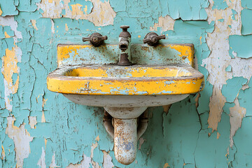 Rustic Yellow Sink on a Peeling Turquoise Wall