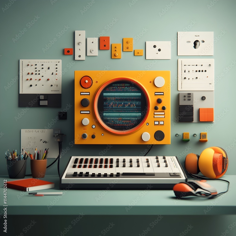 Poster retro futuristic digital landscape blending vintage aesthetics with cutting edge technology featurin