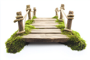 Naklejka premium Selective focus wooden bridge in backyard garden cross the pond isolated on white background, Landscape view of wooden log bridge with moss, ivy and tiny bush, Wooden bridge with rope.