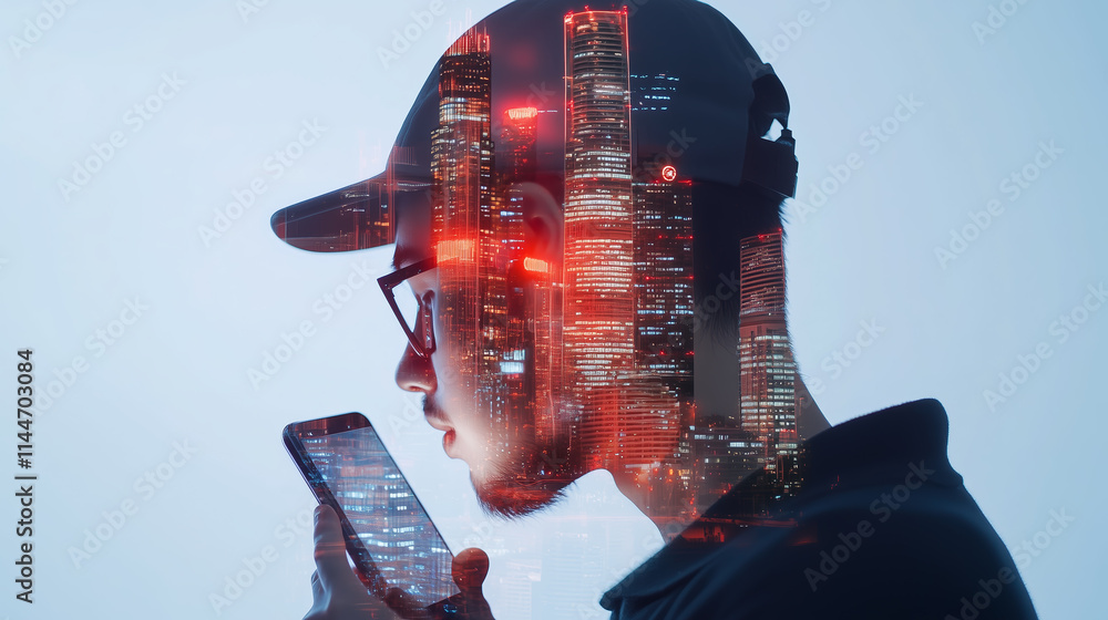 Poster profile of a man using a smartphone against a backdrop of illuminated skyscrapers during twilight