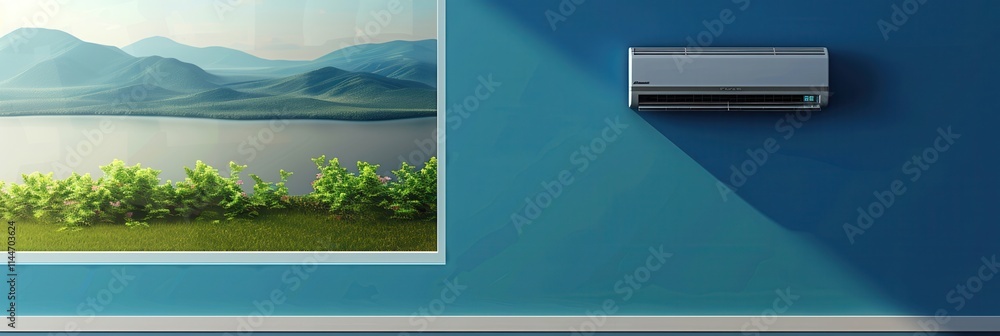 Poster air conditioner mounted on wall near open window with mountain view during sunny daytime in a fresh 