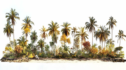 Fototapeta premium Tropical Island Scene, Lush Palm Trees and Autumnal Foliage on Sandy Shore