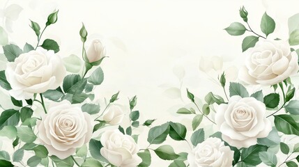 Elegant White Roses with Green Leaves on Soft Background for Floral Decoration