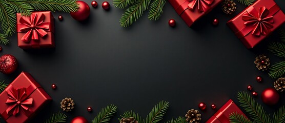 A Top View of Christmas Red Gift Boxes, Fir Tree Branches, and Pine Cones on a Christmas Black Background with Copy Space.