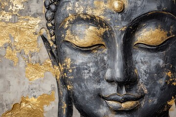 Abstract Buddha Painting in Black, Grey, and Gold with Highlighted Foil Printing Accents