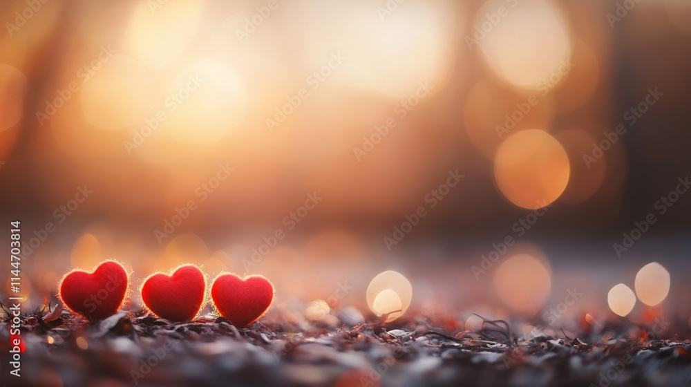 Poster romantic hearts on colorful background with soft bokeh effect
