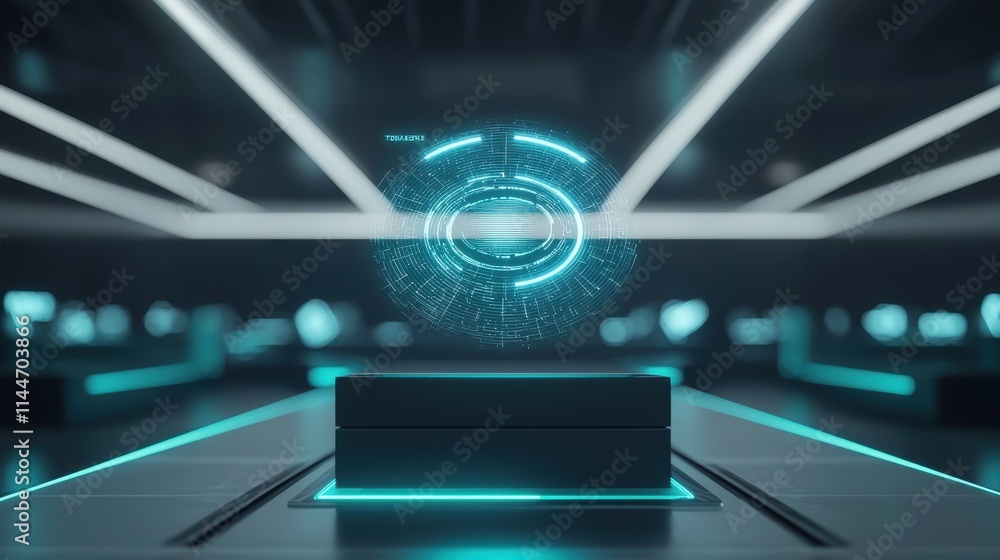 Aufkleber a futuristic digital interface featuring a glowing holographic display above a sleek surface, set in