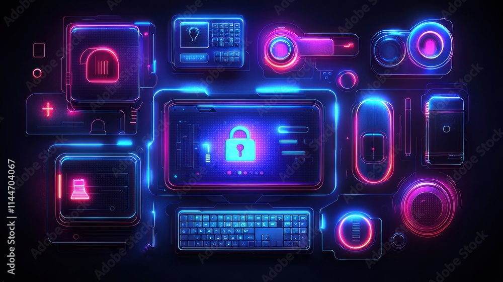 Poster futuristic digital security interface with glowing elements.