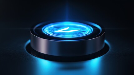 A glowing blue circular interface element with a sleek design, set against a dark background, suggesting technology and modernity.