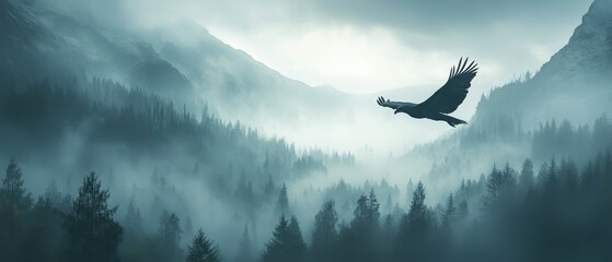 Majestic eagle soaring over misty mountain valley at dawn with dense forests and rocky cliffs in...