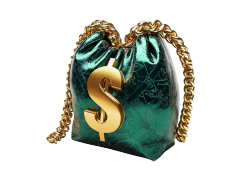 Green Metallic Money Bag with Dollar Sign on Transparent Background