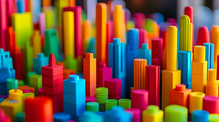 Colorful building blocks forming an abstract cityscape for creativity and learning