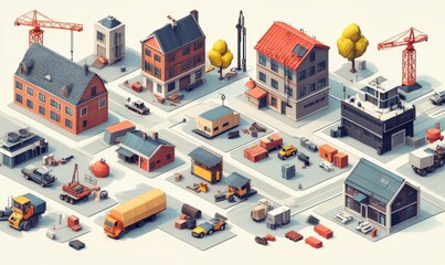 Obraz premium An industrial set of 3D isometric projections includes dimensional houses, buildings, cranes, cars, and other design elements necessary for creative designers