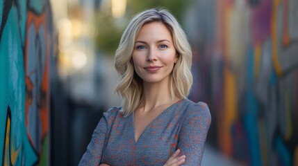 Fototapeta premium Confident Young Woman Posing in Colorful Urban Setting