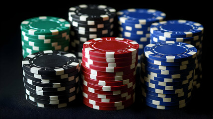 Stacks of Colorful Casino Chips on Dark Background