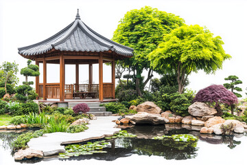 Fototapeta premium Landscape view of pavilion in backyard garden with fish pond isolated on white background, Selective focus pavilion and fish pond, Garden designing with walk path and tiny plant.