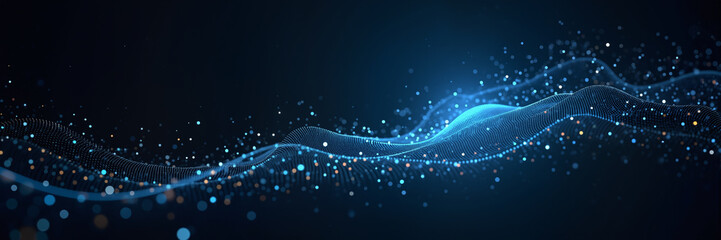 a dynamic, abstract background featuring wavy lines and dots in blue and orange hues