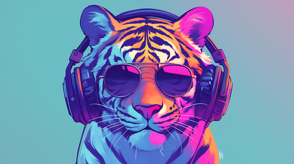 A colorful tiger wearing headphones and sunglasses, exuding a cool and vibrant vibe.