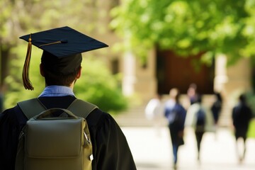 Recent graduate admires campus scenery while wearing cap and gown before the ceremony