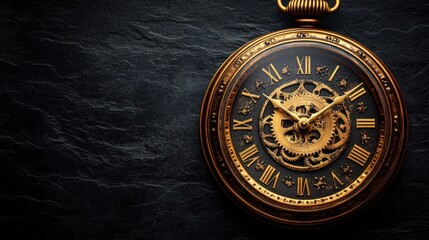 Antique pocket watch on dark slate background.
