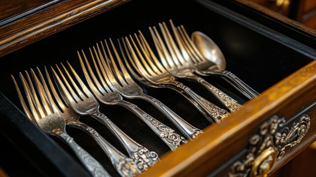 Antique silverware neatly arranged in a wooden drawer.
