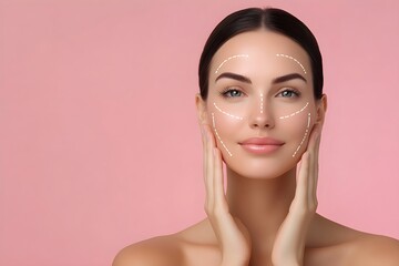 Woman with perfect skin after cosmetic treatment with lifting arrows on her face on light pink  background. Rhytidectomy procedure, facelift surgery, anti age treatment