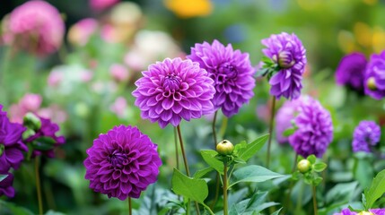 Fototapeta premium Bright Purple Dahlias in Bloom Amidst Lush Green Garden Paradise