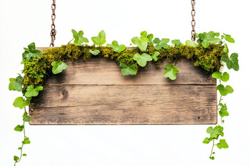 Selective focus hanging wooden sign board with tiny plant, moss and ivy isolated on white background, Wooden sign board with empty space for text on white.