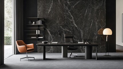 Fototapeta premium Modern dark office interior with marble wall, large desk, and comfortable chair.