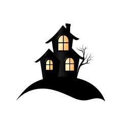 A stylized black house with glowing windows, set against a simple hill, conveying a mysterious or eerie atmosphere.