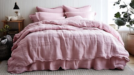 A Dusty Rose Linen Quilt Set on a Bed