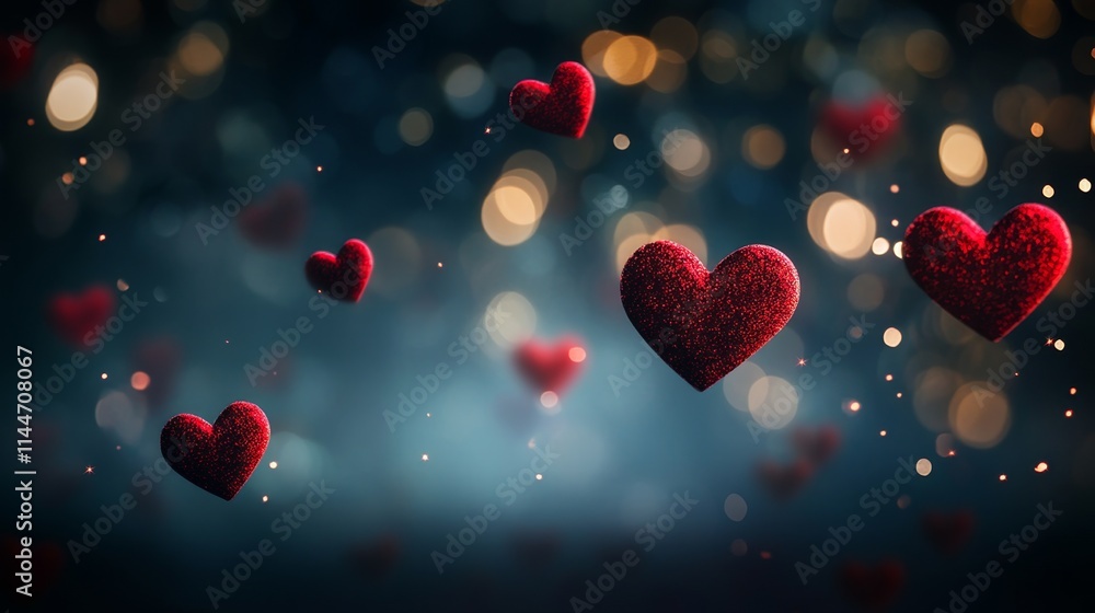 Poster red hearts floating in sparkling bokeh background for romance theme