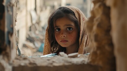 A child looking through a broken window in a war-torn area, their face filled with sadness and hope as debris and abandoned structures frame the scene. 