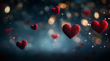 Obraz premium Red Hearts Floating in Sparkling Bokeh Background for Romance Theme