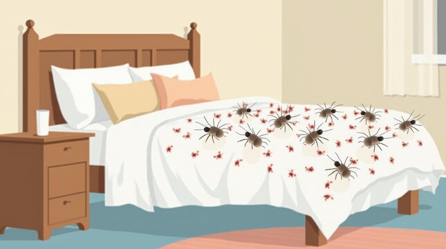 illustration of a bedroom filled with dust mites in the bedding