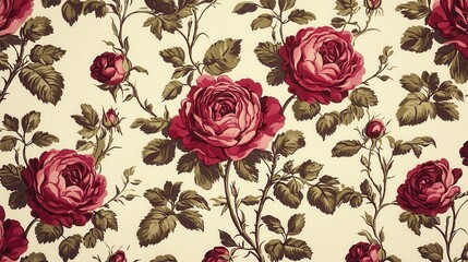 Vintage Floral Pattern with Vibrant Roses and Green Leaves on Light Background