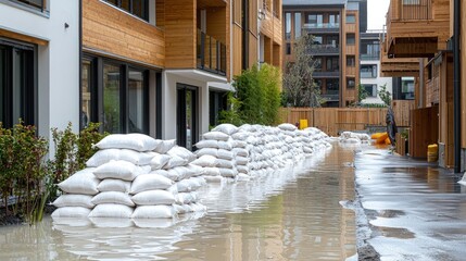 Flood protection with sandbags in modern residential area.