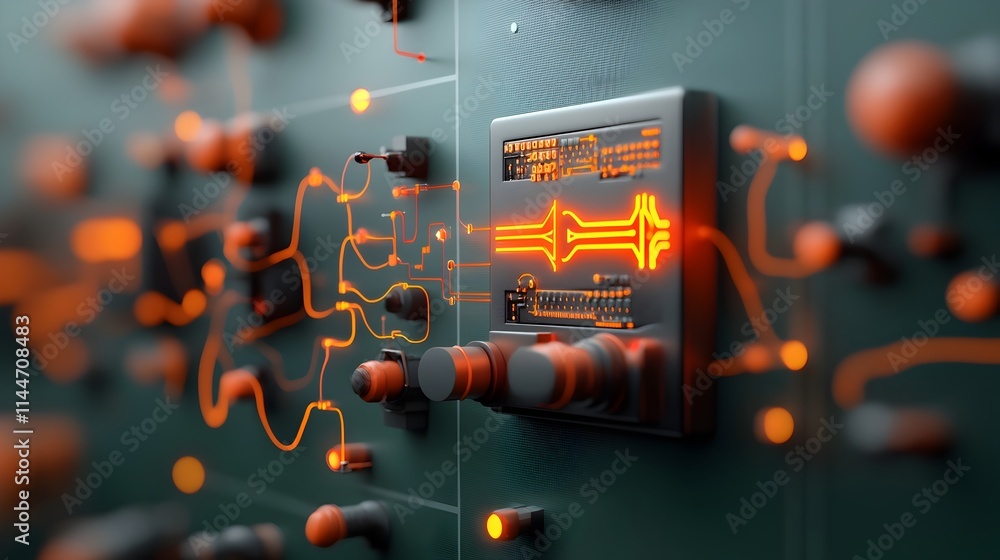 Poster glowing retro futuristic visualization of the frequency modulation fm process used in radio broadcas