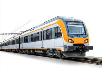 Fototapeta premium Selective focus modern train isolated on white background, Commuter train on railroad on white background.