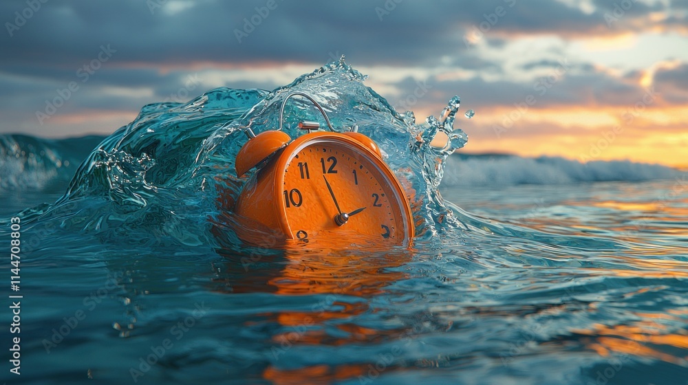 Poster An orange clock partially submerged in ocean waves.