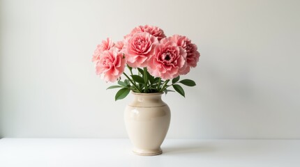 Obraz premium Elegant Carnation Bouquet in Vintage Vase on White Background - Realistic 8K HD Photography with Soft Light and Shadow