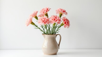 Obraz premium Elegant Carnation Bouquet in Vintage Vase on White Background - Realistic 8K HD Photography with Soft Light and Shadow