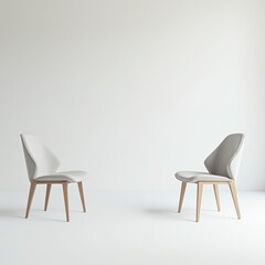 Fototapeta premium Two chairs distanced from each other in a minimalist white room, symbolizing social distancing, with clean lines and soft light, creating a serene and empty space