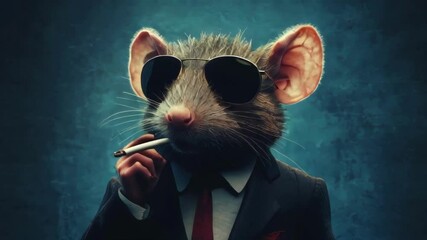 A stylized image of a rat wearing sunglasses and a suit, smoking a cigarette. A unique and edgy image suitable for film noir, gangster, or humorous projects.. AI Generation