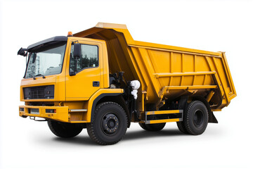 Selective yellow garbage dump truck isolated on white background, Garbage collector vehicle on white.
