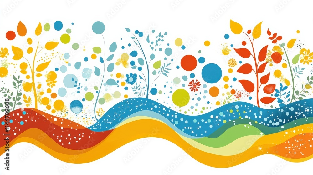 Poster vibrant and colorful nature elements with abstract flowers, leaves, and round shapes in a soft wave 